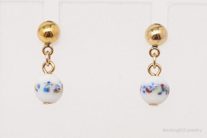 Vintage Porcelain Dangle Gold Plated Earrings