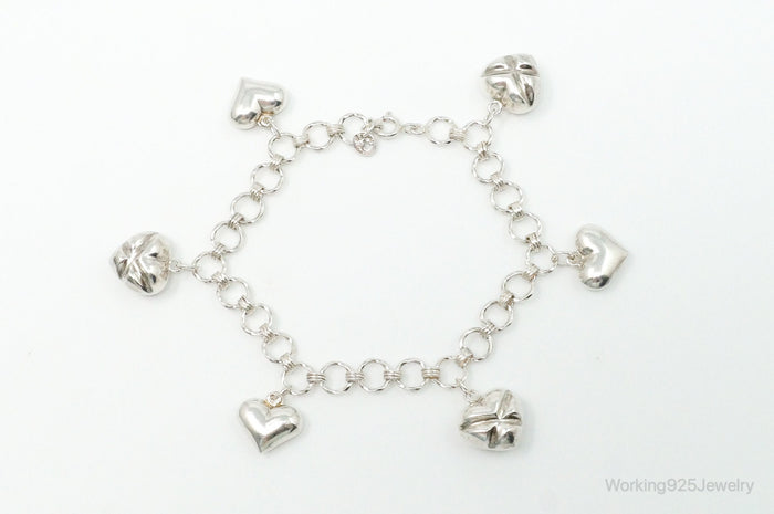 Vintage Puffy Heart Charm Sterling Silver Chain Bracelet