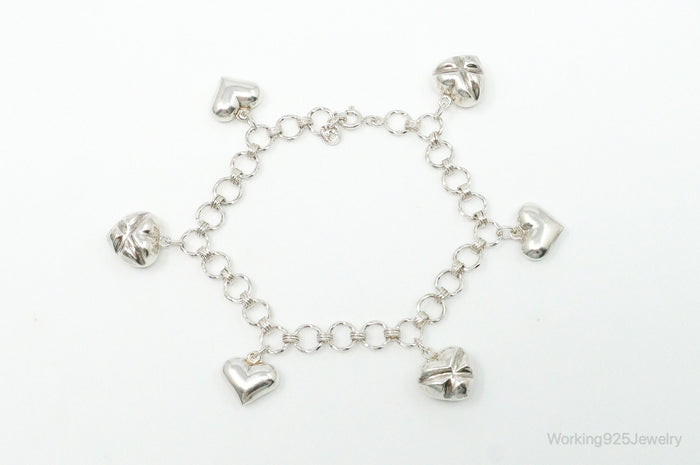 Vintage Puffy Heart Charm Sterling Silver Chain Bracelet