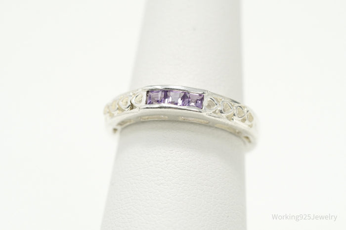 Vintage Purple Amethyst Hearts Pattern Sterling Silver Ring - Size 7