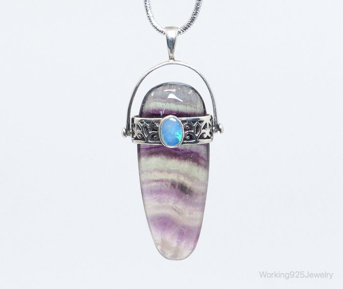 Vintage Purple & Green Fluorite Blue Opal Sterling Silver Pendant