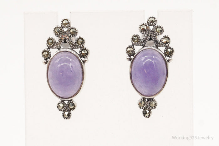 Vintage Purple Jade Marcasite Sterling Silver Earrings