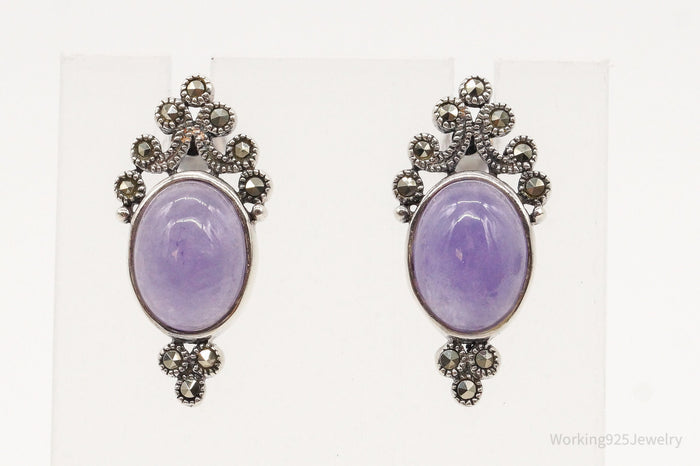 Vintage Purple Jade Marcasite Sterling Silver Earrings