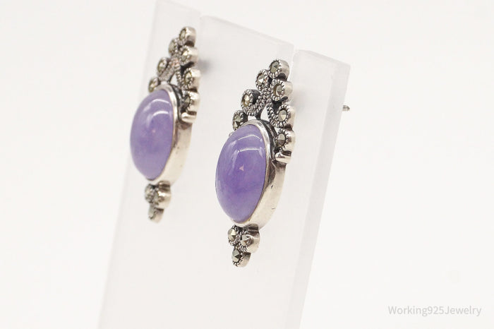 Vintage Purple Jade Marcasite Sterling Silver Earrings