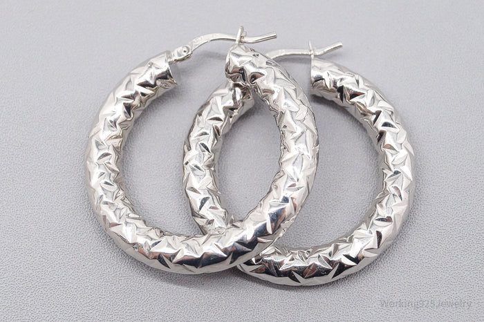 Vintage QG Textured Sterling Silver Hoop Earrings