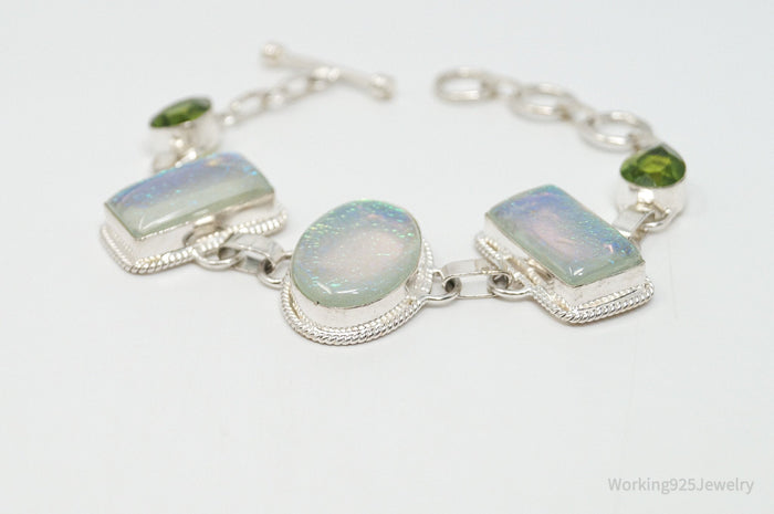 Vintage Rainbow Dichroic Glass Peridot Sterling Silver Toggle Bracelet