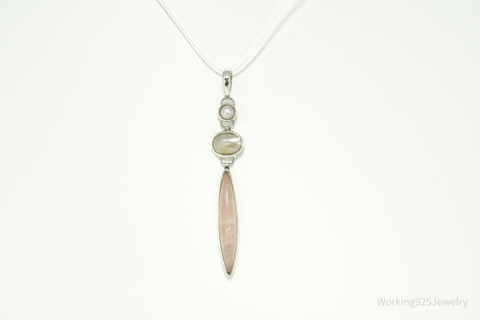 Vintage Rose Quartz Mother Of Pearl & Pearl Sterling Silver Pendant