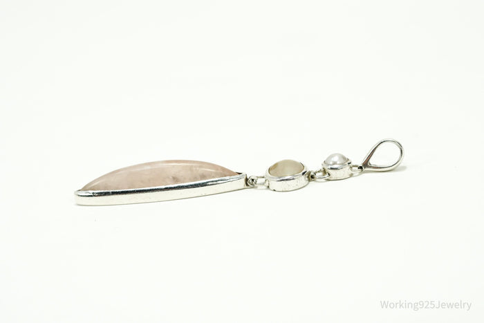 Vintage Rose Quartz Mother Of Pearl & Pearl Sterling Silver Pendant