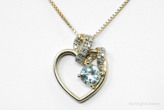 Vintage Ross Simons Blue Topaz & Diamond Gold Over Sterling Silver Necklace 18"
