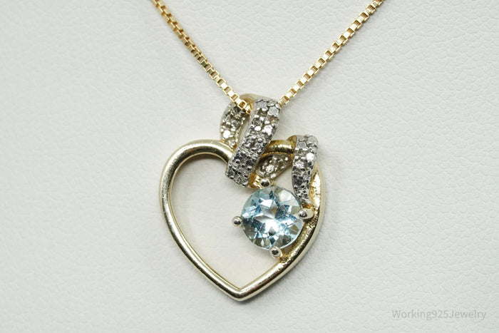 Vintage Ross Simons Blue Topaz & Diamond Gold Over Sterling Silver Necklace 18"
