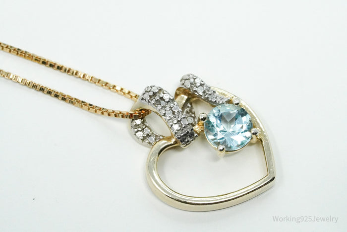 Vintage Ross Simons Blue Topaz & Diamond Gold Over Sterling Silver Necklace 18"