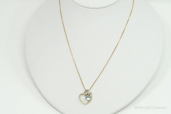 Vintage Ross Simons Blue Topaz & Diamond Gold Over Sterling Silver Necklace 18"