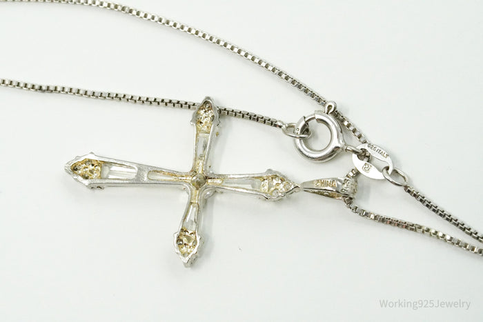 Vintage Ross Simons Cubic Zirconia Cross Sterling Silver Necklace 18"