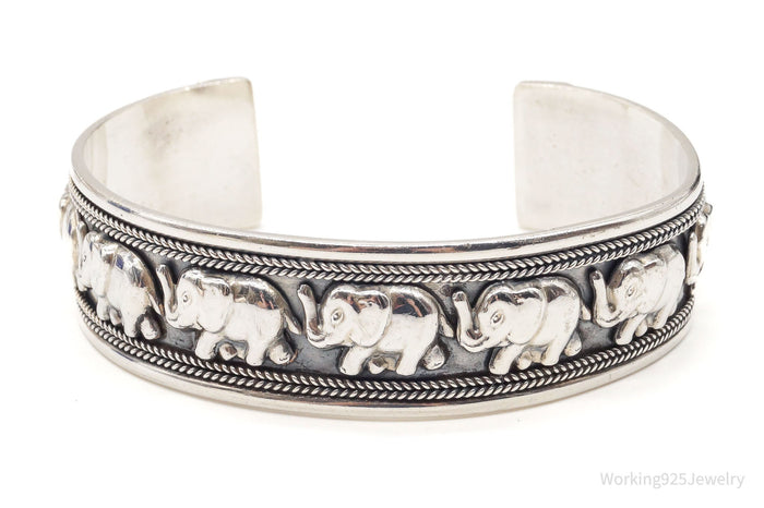 Vintage Safari Elephants Sterling Silver Cuff Bracelet