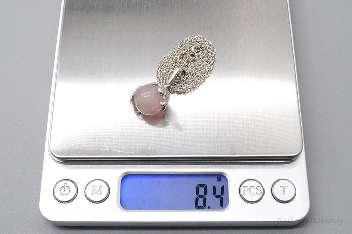 Vintage Sea Turtles & Rose Quartz Sterling Silver Necklace 20"