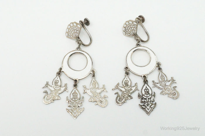 Vintage SIAM Enamel Lightening Dancers Sterling Silver Screw Back Earrings