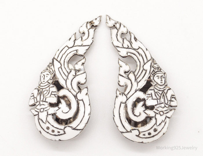 Vintage SIAM White Enamel Sterling Silver Clip On Earrings