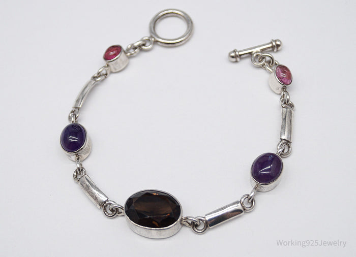 Vintage Smoky Topaz Amethyst & Pink Stone Sterling Silver Toggle Bracelet 7 5/8"