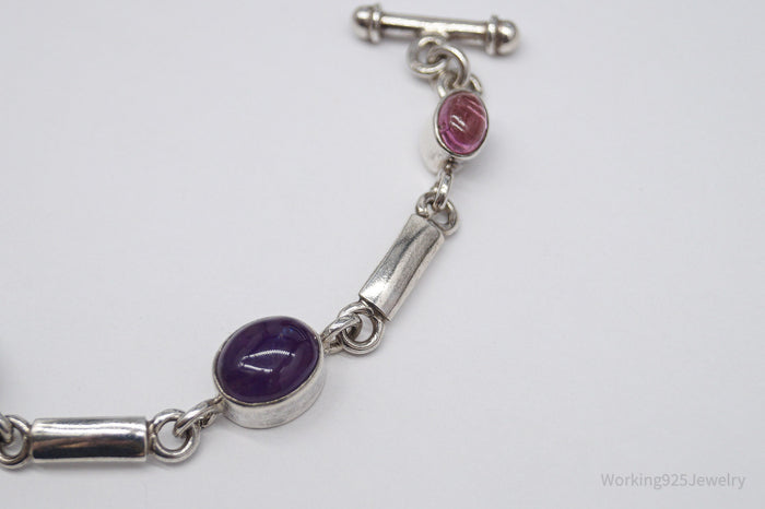 Vintage Smoky Topaz Amethyst & Pink Stone Sterling Silver Toggle Bracelet 7 5/8"