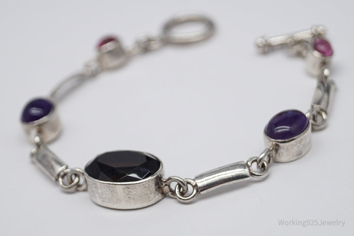 Vintage Smoky Topaz Amethyst & Pink Stone Sterling Silver Toggle Bracelet 7 5/8"