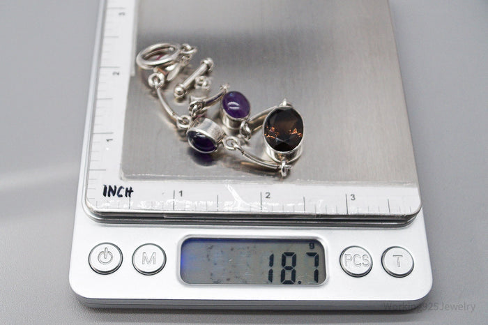 Vintage Smoky Topaz Amethyst & Pink Stone Sterling Silver Toggle Bracelet 7 5/8"