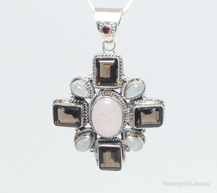 Vintage Smoky Topaz Rose Quartz Southwestern Cross Sterling Silver Pendant