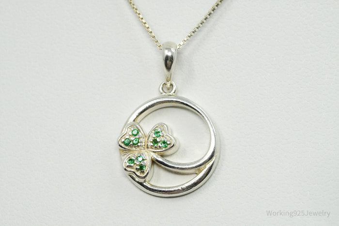 Vintage SOLVAR Three Leaf Clover Green Stone Sterling Silver Necklace - 16"
