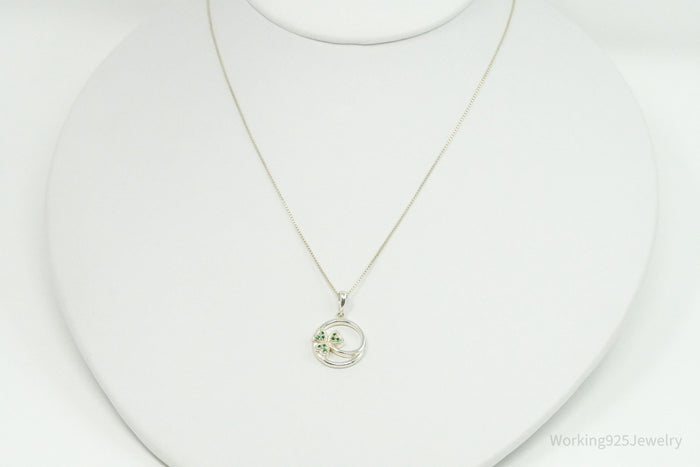 Vintage SOLVAR Three Leaf Clover Green Stone Sterling Silver Necklace - 16"