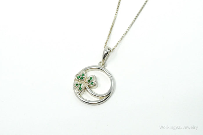 Vintage SOLVAR Three Leaf Clover Green Stone Sterling Silver Necklace - 16"