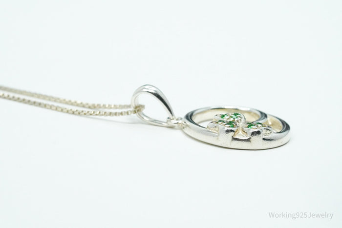 Vintage SOLVAR Three Leaf Clover Green Stone Sterling Silver Necklace - 16"