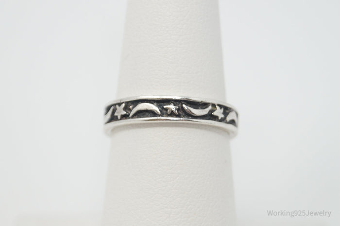 Vintage Star Galaxy Moon Lunar Oxidized Sterling Silver Band Ring - Size 7