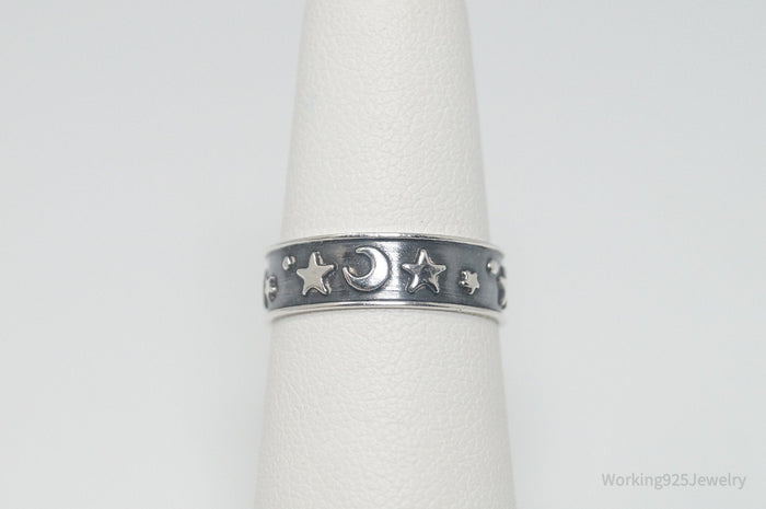 Vintage Star Moon Lunar Oxidized Sterling Silver Band Ring - Size 5.5