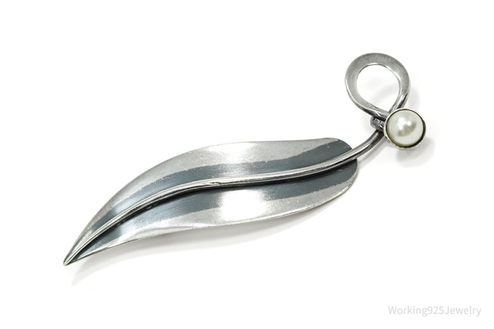 Vintage Taxco Artist Orvelo Pearl Modernist Leaf Sterling Silver Brooch Pin