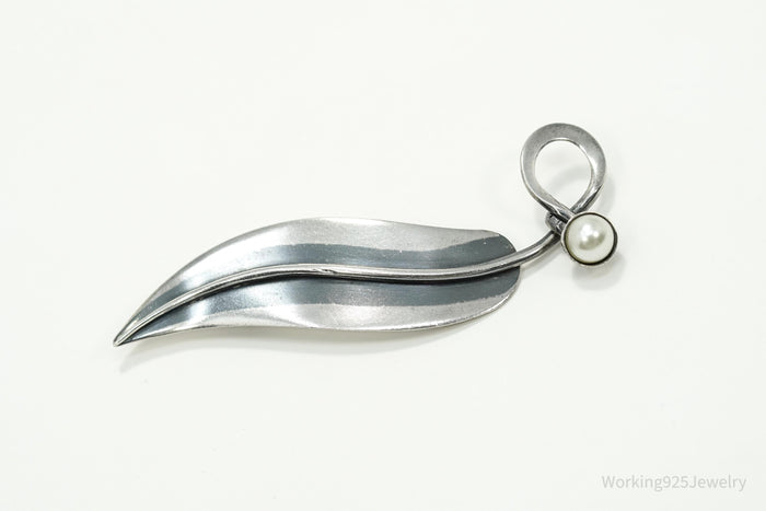 Vintage Taxco Artist Orvelo Pearl Modernist Leaf Sterling Silver Brooch Pin