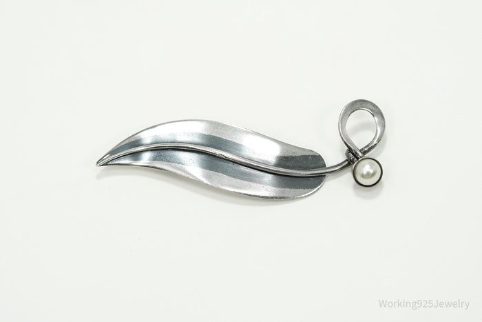 Vintage Taxco Artist Orvelo Pearl Modernist Leaf Sterling Silver Brooch Pin