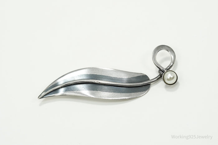 Vintage Taxco Artist Orvelo Pearl Modernist Leaf Sterling Silver Brooch Pin