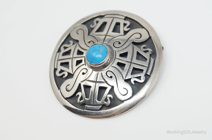 Vintage Taxco Designer Turquoise Shadow Aztec Sterling Silver Brooch Pin Pendant