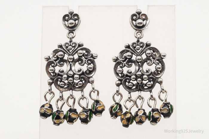 Vintage Thai Chandelier Cloisonne Bead Sterling Silver Earrings