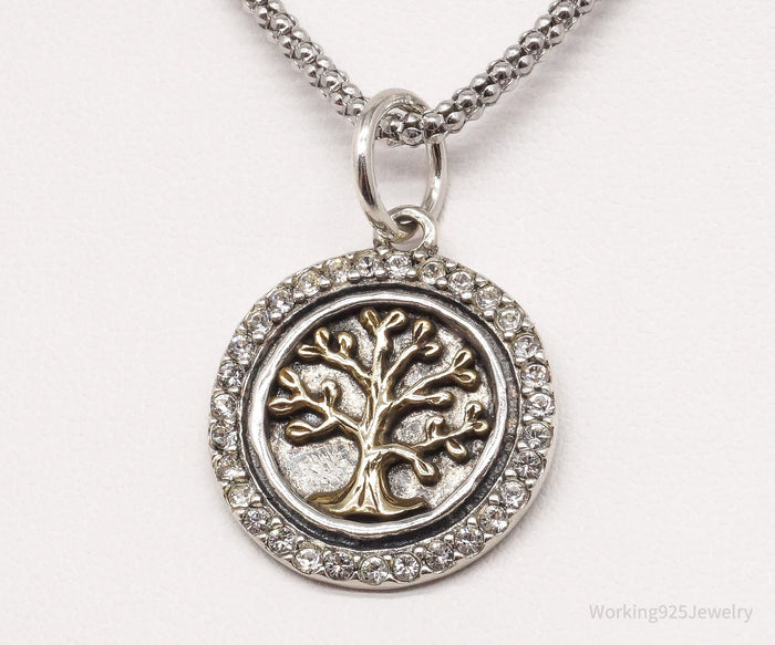 Vintage Tree Of Life Cubic Zirconia Gold Vermeil Sterling Silver Necklace 24"
