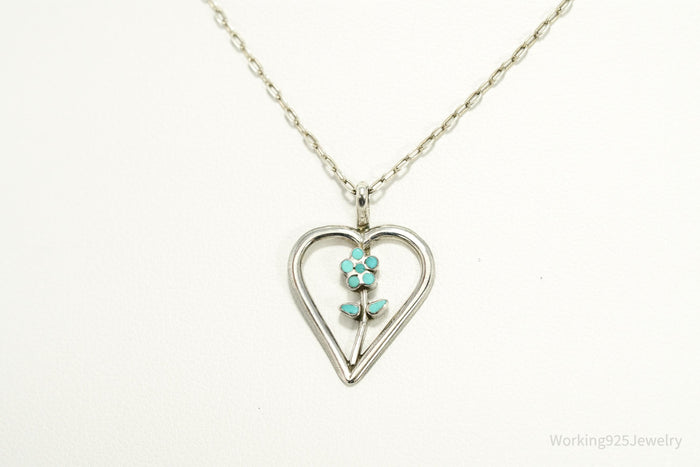 Vintage Turquoise Inlay Flower Heart Sterling Silver Chain Necklace 16"