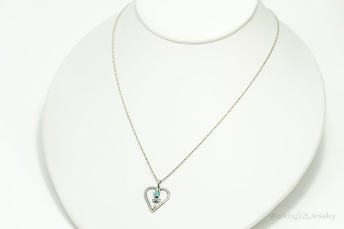 Vintage Turquoise Inlay Flower Heart Sterling Silver Chain Necklace 16"