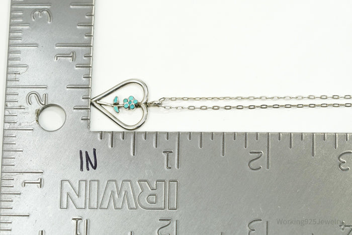 Vintage Turquoise Inlay Flower Heart Sterling Silver Chain Necklace 16"