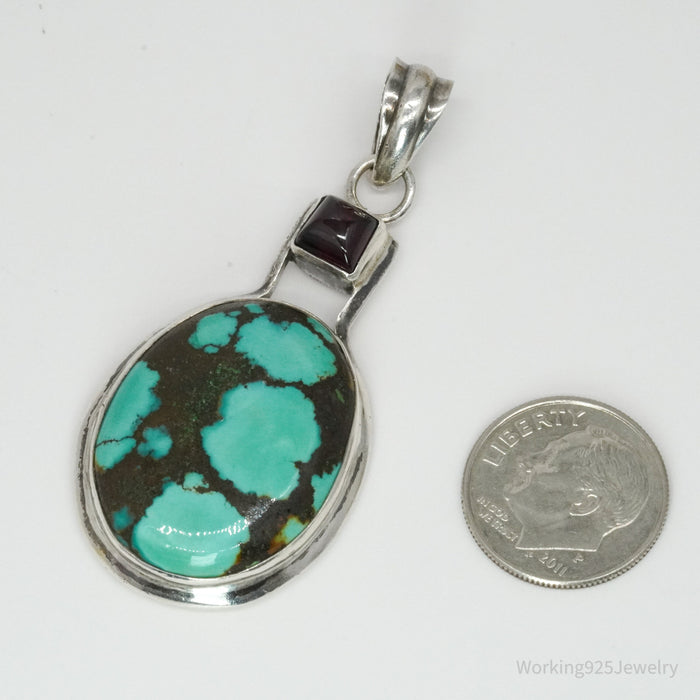 Vintage Turquoise & Rhodolite Garnet Sterling Silver Pendant