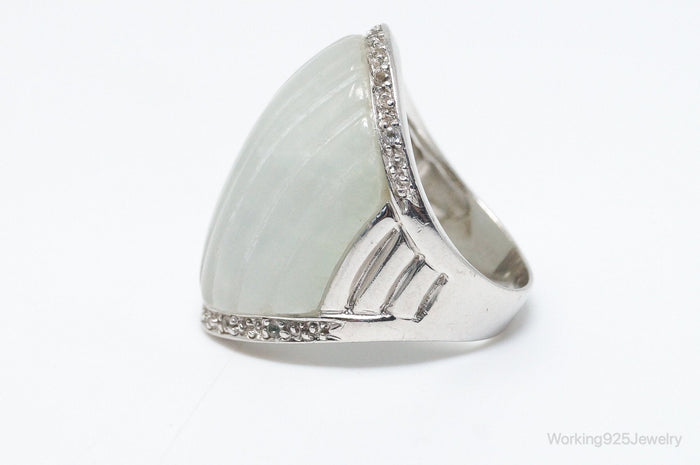 Vintage White Jade Cubic Zirconia Sterling Silver Ring - Size 5.75