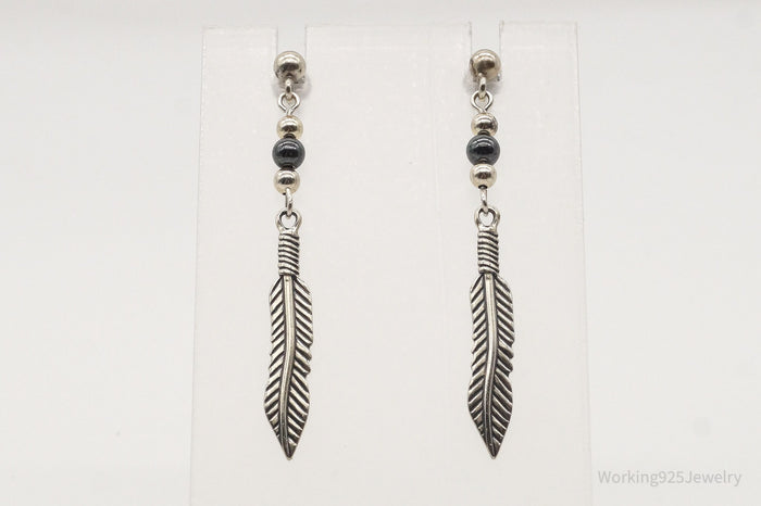 Vintage WM Co Hematite Feather Sterling Silver Earrings