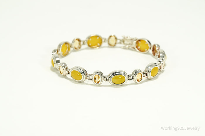 Vintage Yellow Jade & Citrine Sterling Silver Bracelet 7 7/8"