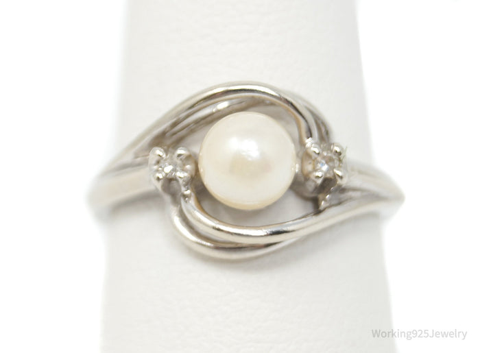 Vtg 10K Gold Diamond Pearl Art Nouveau Ring - Size 6.5
