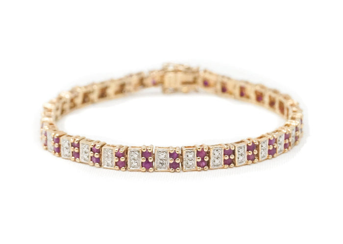 Vtg Art Deco Mid Century Ruby CZ Gold Vermeil Sterling Silver Tennis Bracelet