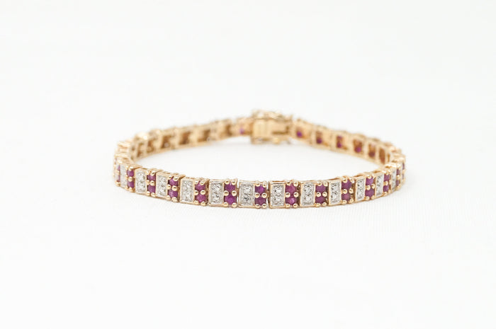Vtg Art Deco Mid Century Ruby CZ Gold Vermeil Sterling Silver Tennis Bracelet