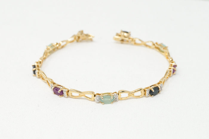 Vtg Art Deco Ruby Emerald Blue Sapphire Gold Vermeil Sterling Silver Bracelet